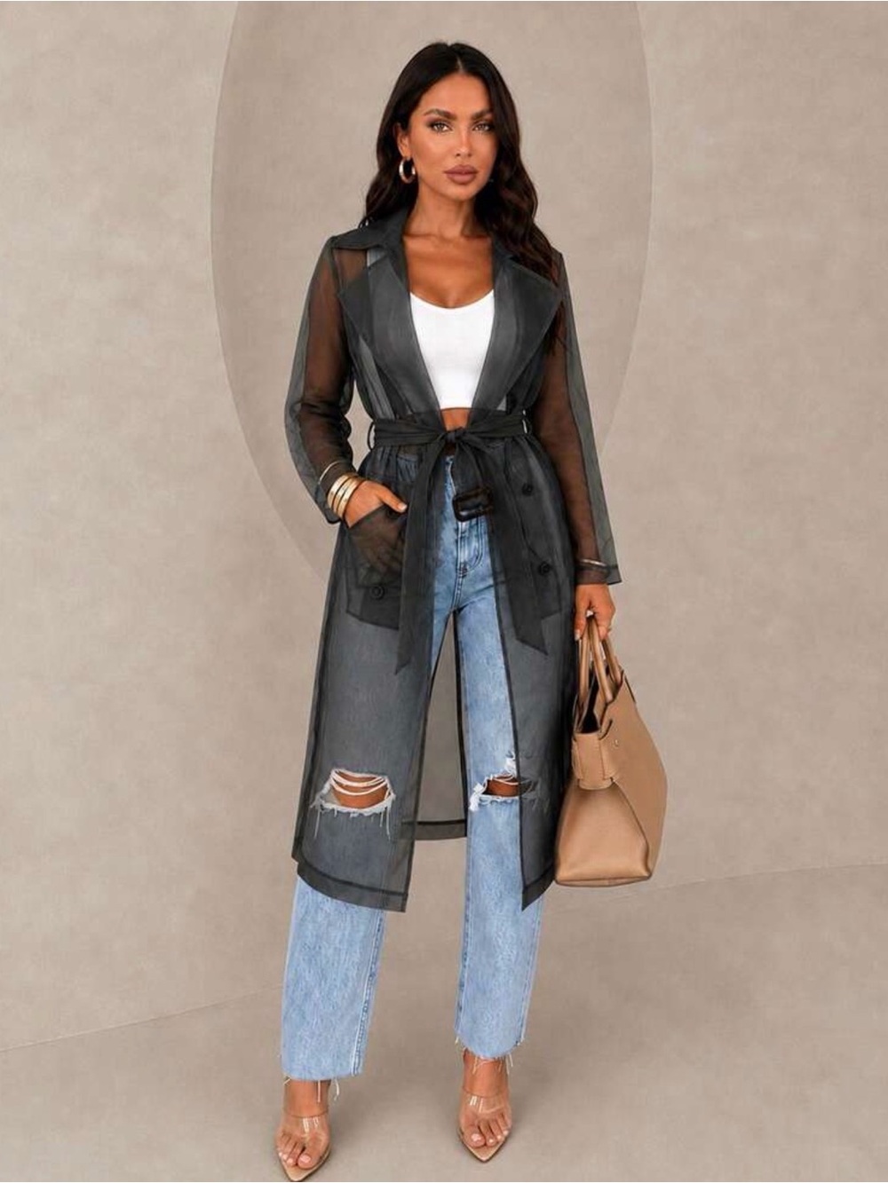 Sheer Black Trench Coat with Belt - Women